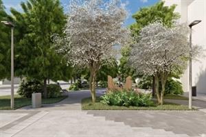 Der neue Marktplatz, von der Gebäudeseite BILLA aus blickend, präsentiert sich auf diesem Schaubild des Architekten dicht begrünt mit Bäumen und Sträuchern. Inmitten zweier Bäume mit weißen Blüten ist der neue Phönixbrunnen zu erkennen.