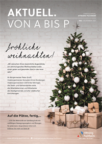 Die Titelseite der Gemeindezeitung Aktuell. Von A bis P zeigt einen geschmückten Weihnachtsbaum sowie Weihnachtswünsche. Zusätzlich wird auf den Bericht über die erneuerte Aktivrunde am Spitzberg verwiesen.